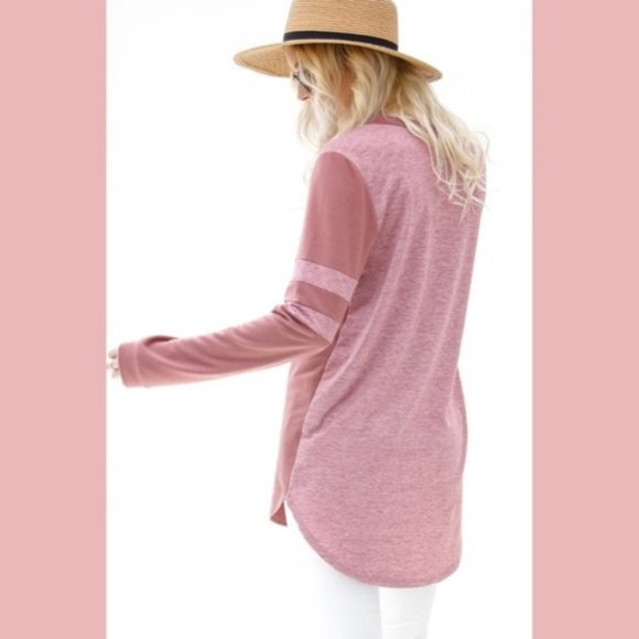 Long Stripe Sleeve Casual Top Pink High Low - Picture 3 of 7
